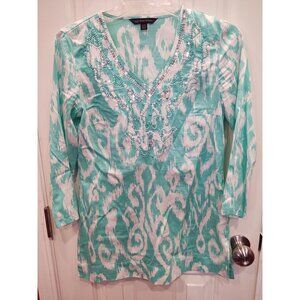 Brooks Brothers Womens Sequins Top XXS Beaded Blue Geometric V Neck
